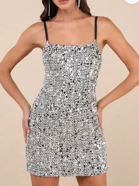 Lulu's Silver Sequin Mini Dress with Black Straps